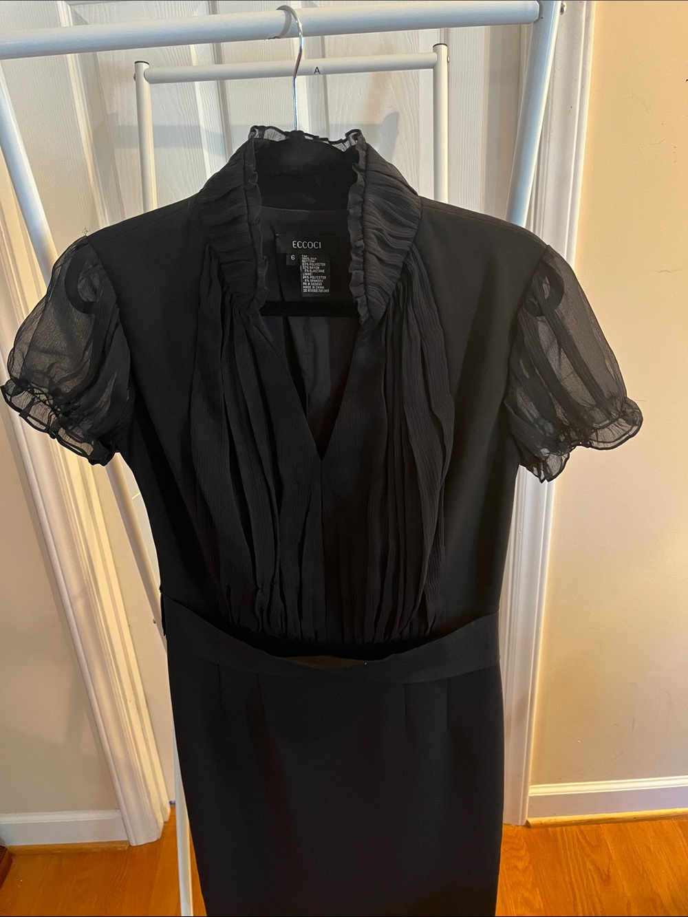 Black Ruffle-Neck Sheer Sleeve Dress PTP 18” size 6